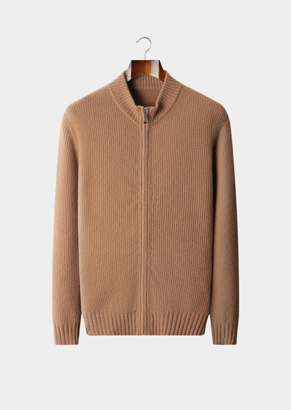 Pure Cashmere Mustard Ribbed Zip Cardigan | Vallentty