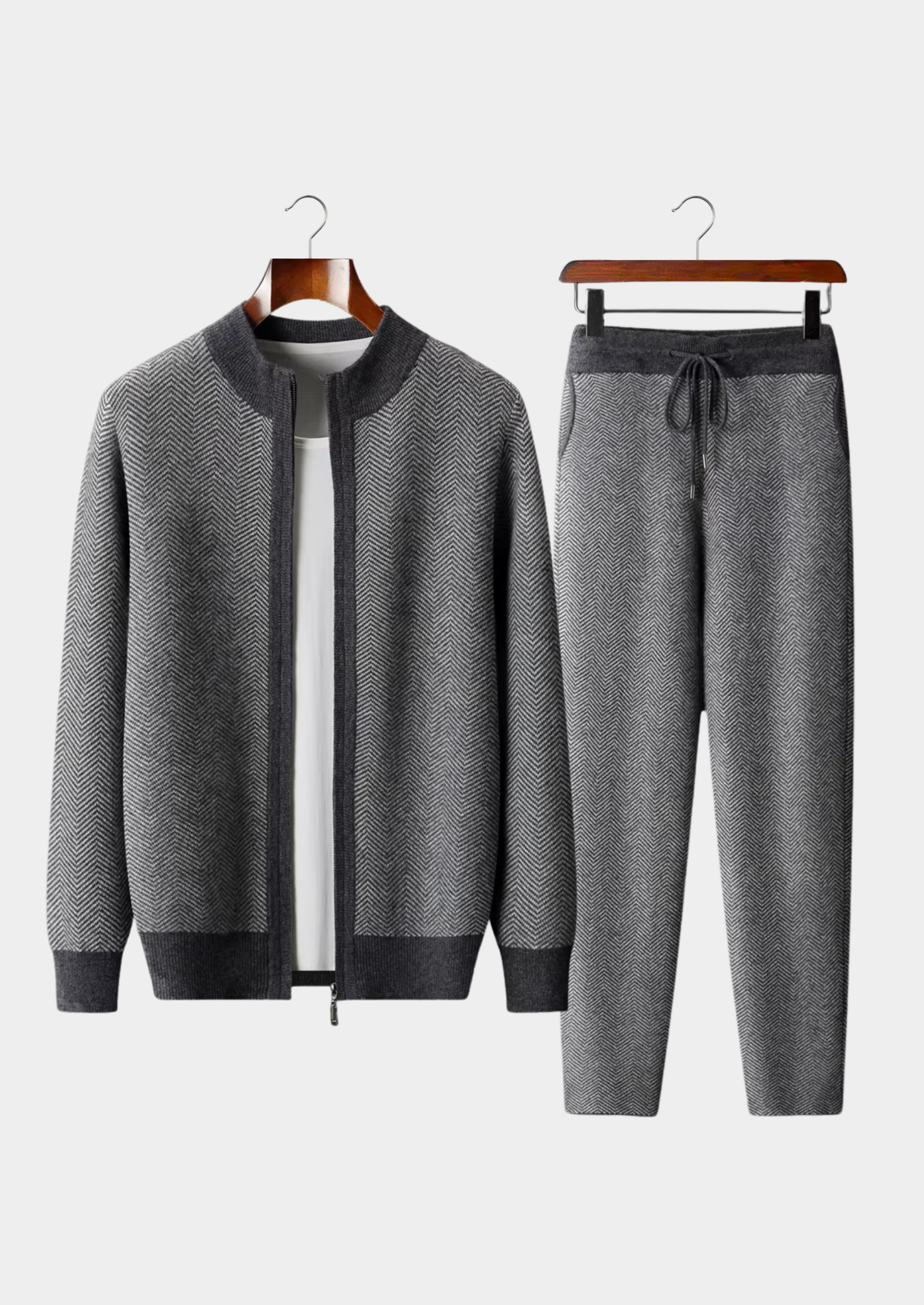 Pure Extra-Fine Merino Wool Gray Herringbone Set | Vallentty