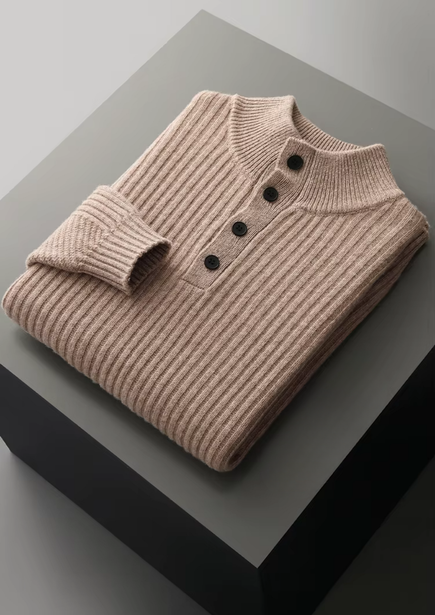 Pure Extra-Fine Merino Wool Ribbed Henley Sweater | Vallentty
