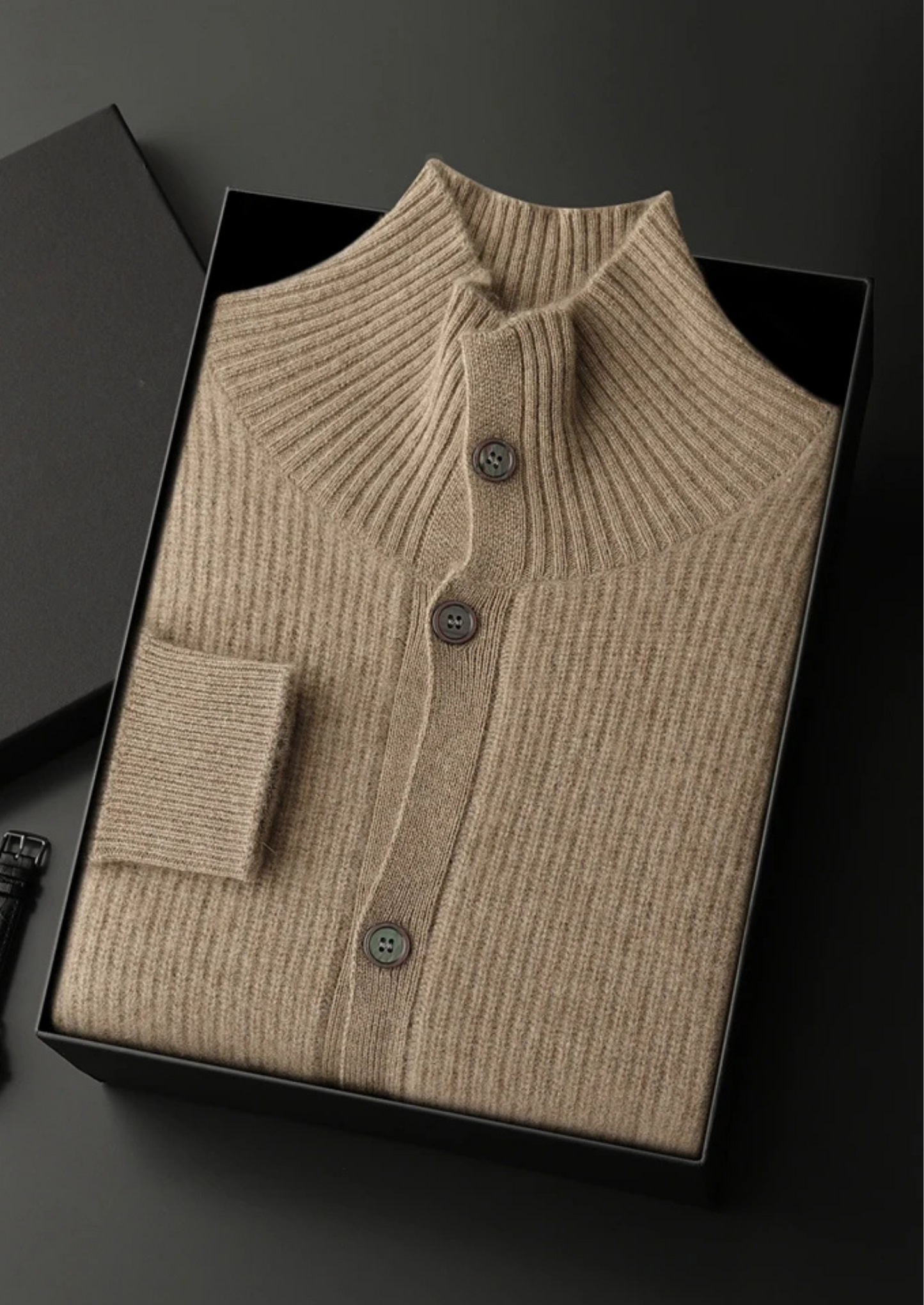 Premium Cashmere Ribbed High Collar Cardigan | Vallentty