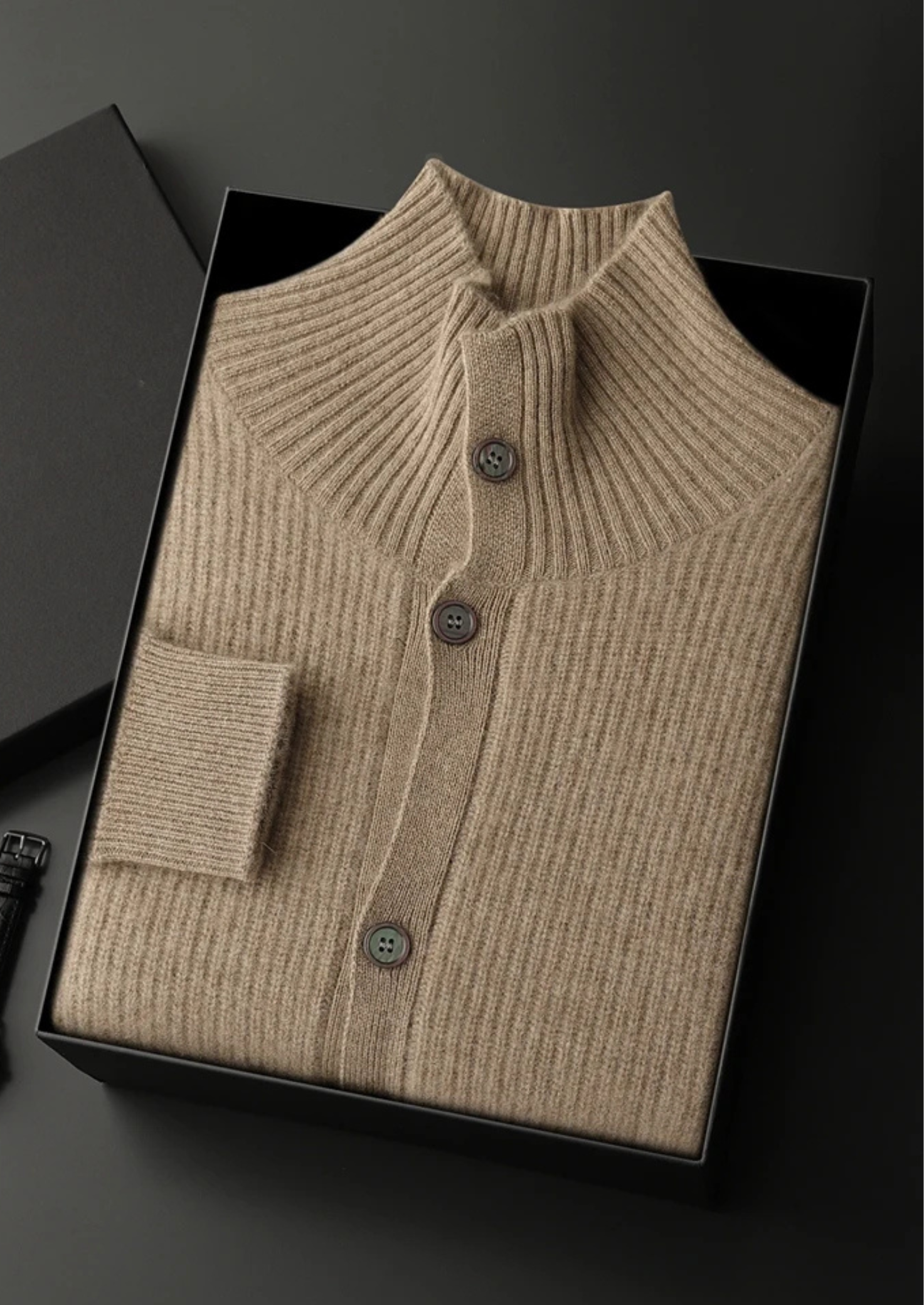 Premium Cashmere Ribbed High Collar Cardigan | Vallentty