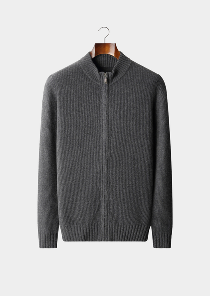 Pure Cashmere Dark Gray Ribbed Zip Cardigan | Vallentty