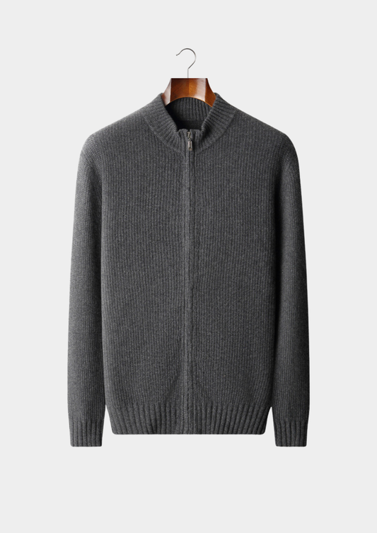 Pure Cashmere Dark Gray Ribbed Zip Cardigan | Vallentty