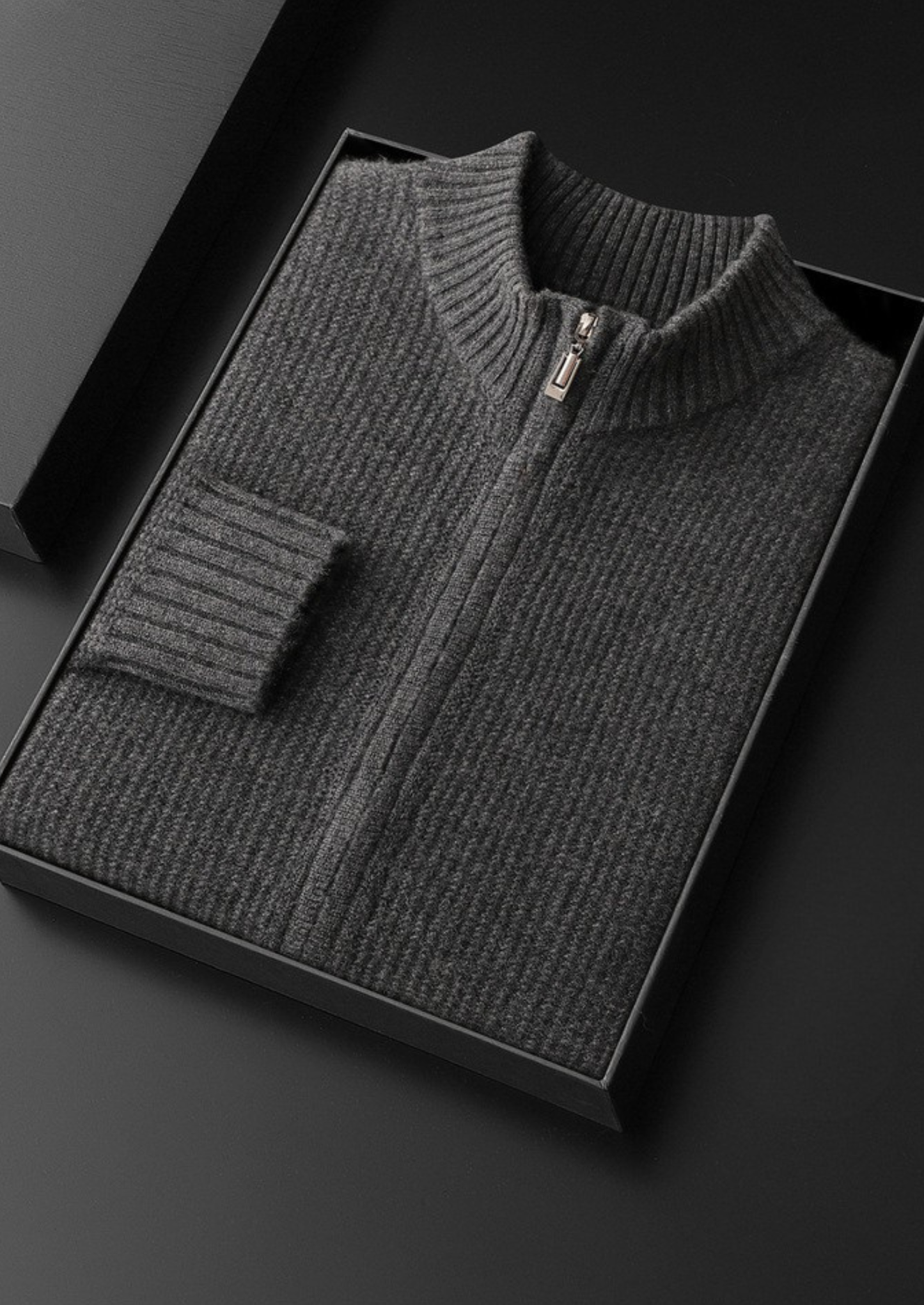 Pure Cashmere Dark Gray Ribbed Zip Cardigan | Vallentty