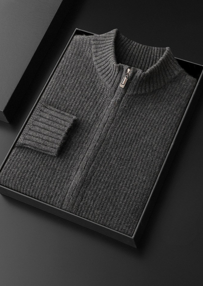 Pure Cashmere Dark Gray Ribbed Zip Cardigan | Vallentty