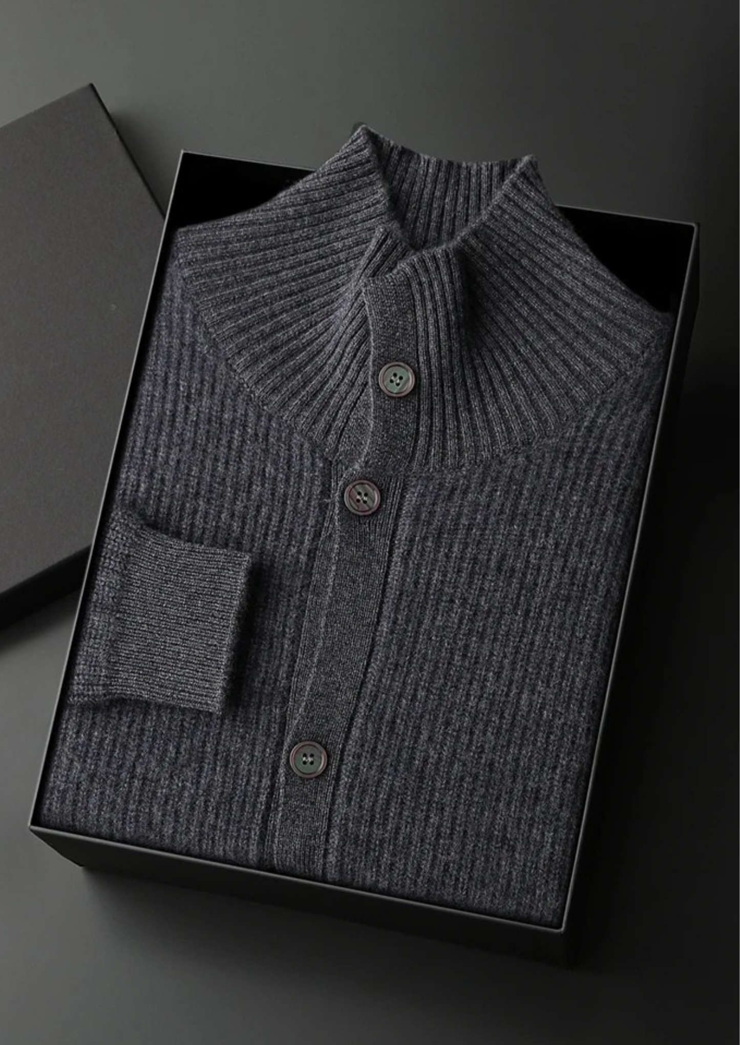 Premium Cashmere Ribbed High Collar Cardigan | Vallentty