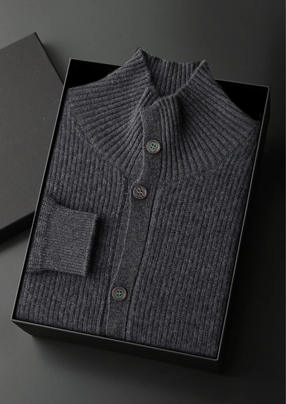 Premium Cashmere Ribbed High Collar Cardigan | Vallentty