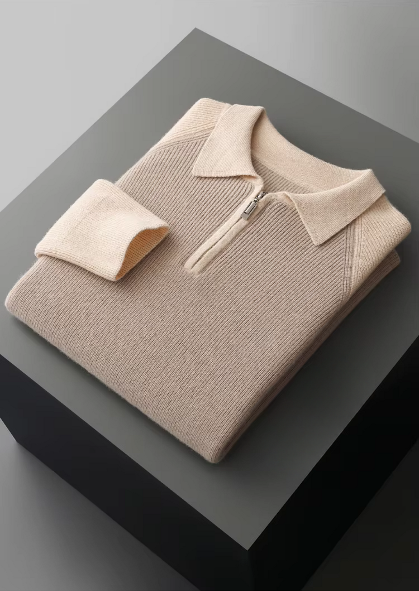 Pure Extra-Fine Merino Wool Two Tone Zipper Sweater Polo | Vallentty