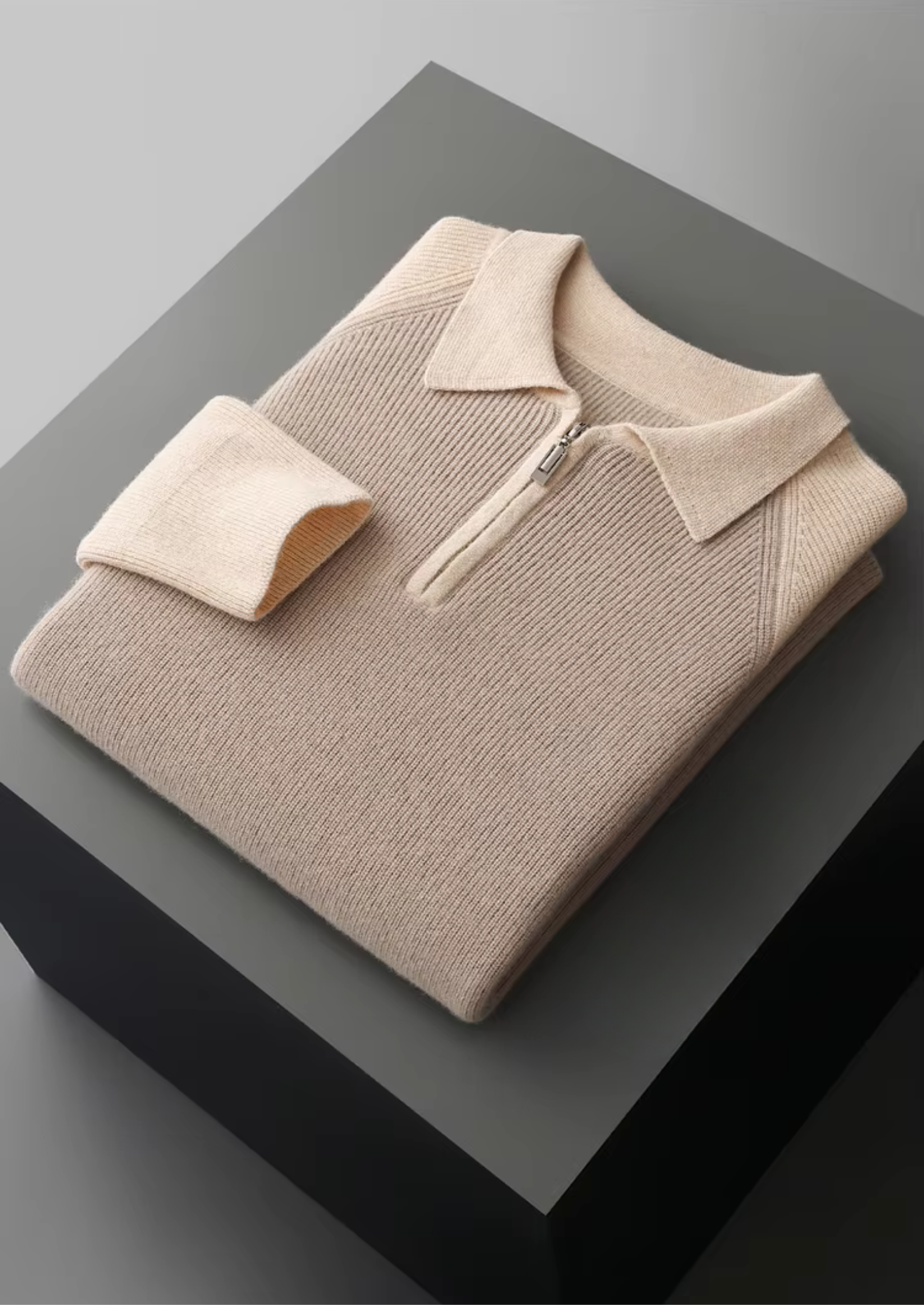 Pure Extra-Fine Merino Wool Two Tone Zipper Sweater Polo | Vallentty