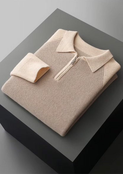 Pure Extra-Fine Merino Wool Two Tone Zipper Sweater Polo | Vallentty