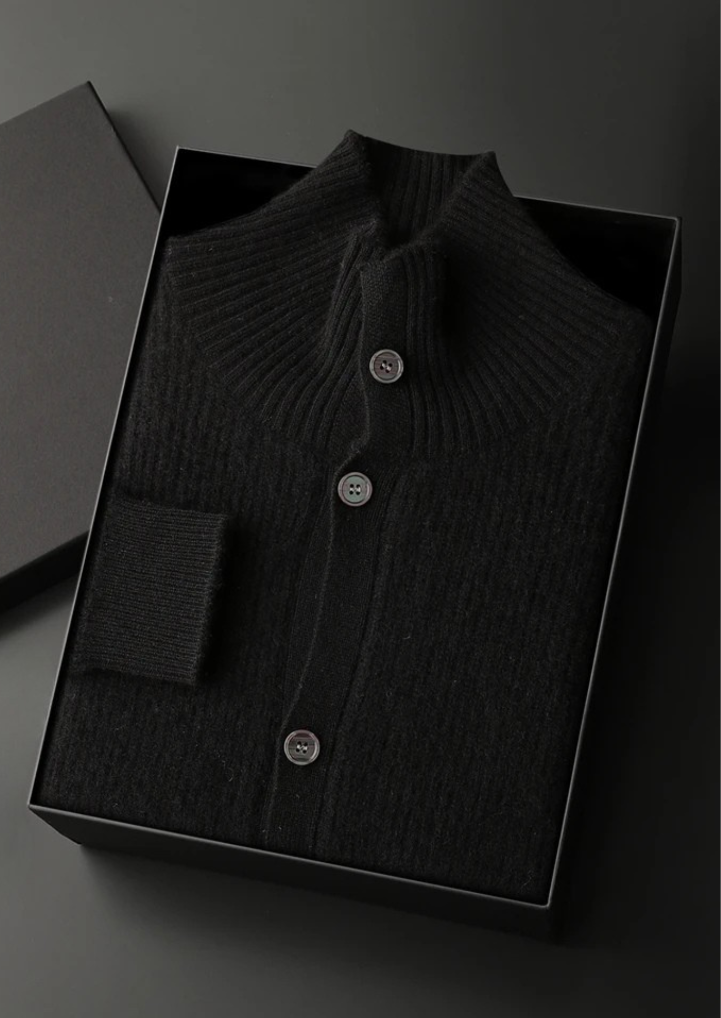 Premium Cashmere Ribbed High Collar Cardigan | Vallentty