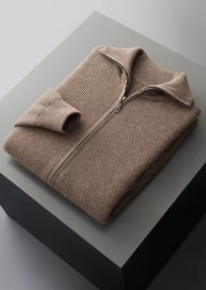 Pure Extra-Fine Merino Wool Ribbed Zipper Cardigan | Vallentty