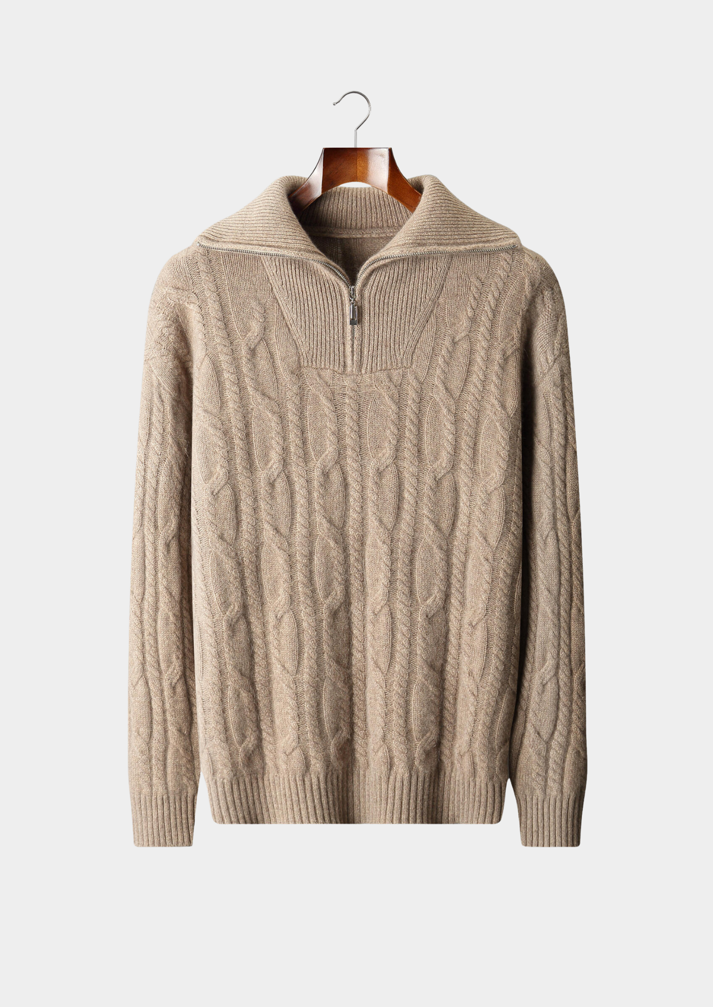 Pure Cashmere Beige Cable Half Zip Sweater | Vallentty