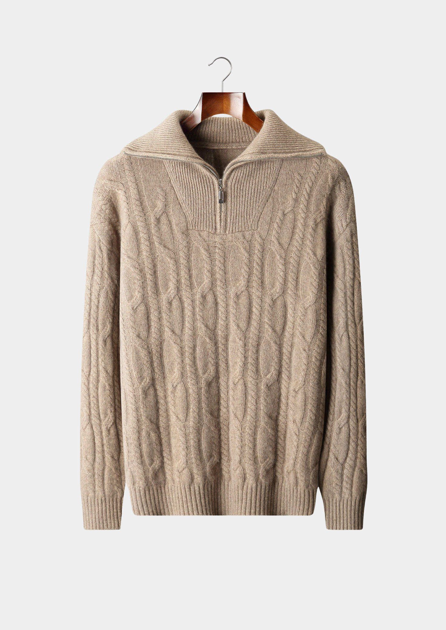 Pure Cashmere Beige Cable Half Zip Sweater | Vallentty
