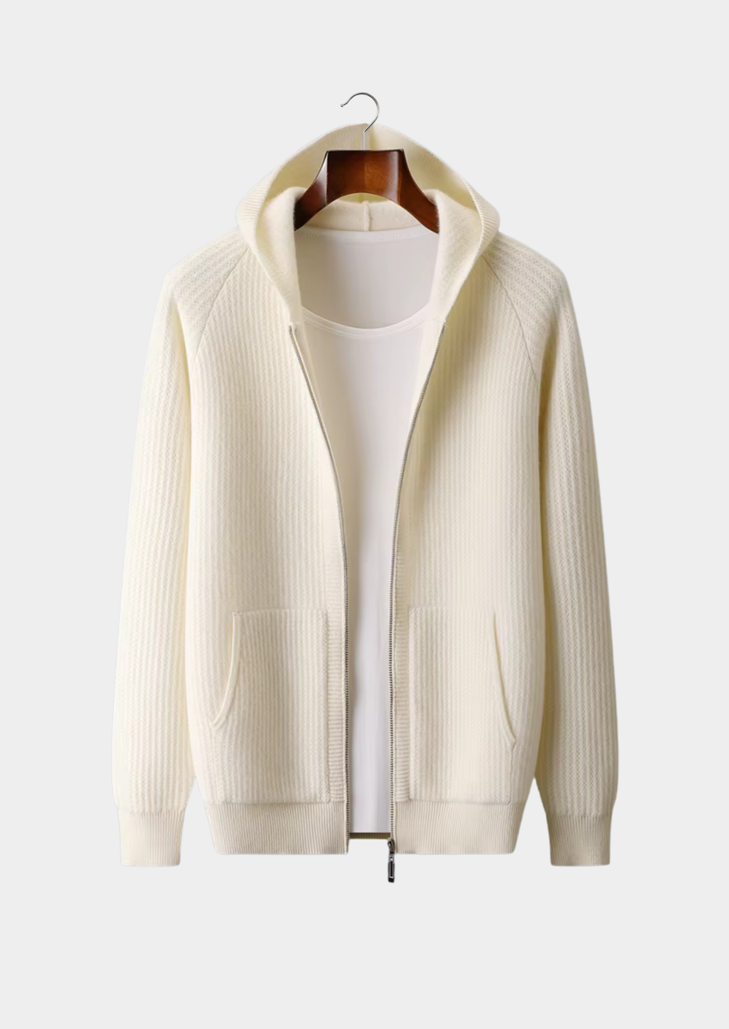 Pure Extra-Fine Merino Wool Ribbed Zipper Hoodie | Vallentty