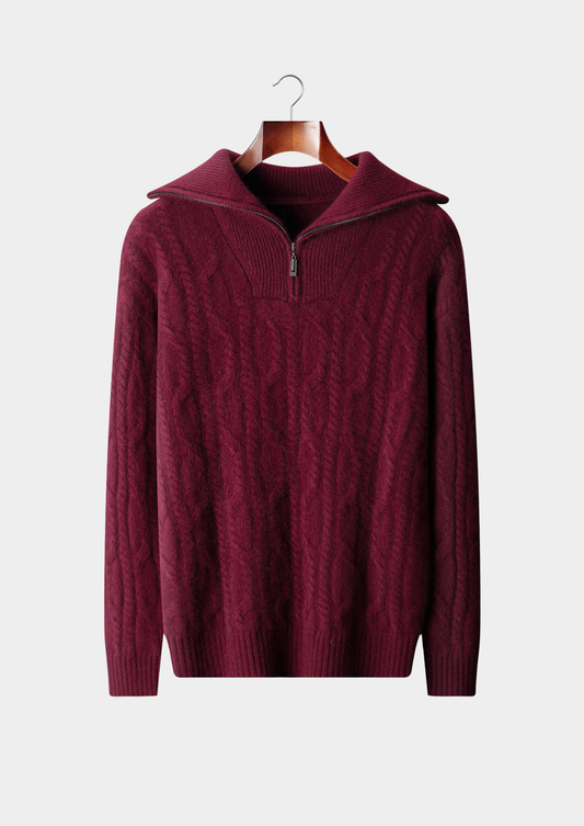 Pure Cashmere Burgundy Cable Half Zip Sweater | Vallentty