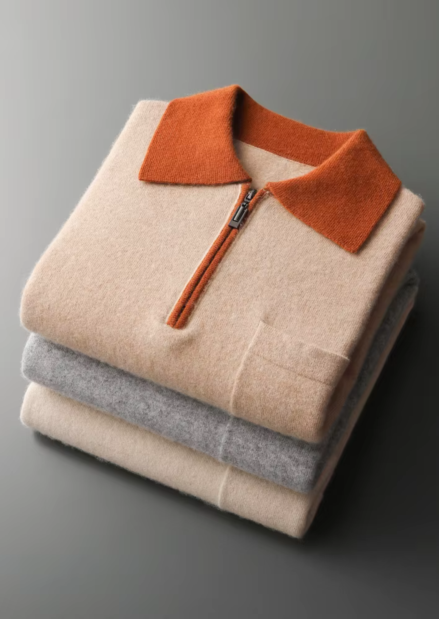Premium Cashmere Two Tone Zipper Polo | Vallentty
