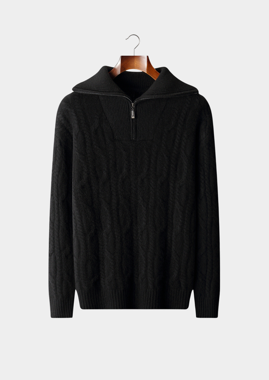 Pure Cashmere Black Cable Half Zip Sweater | Vallentty