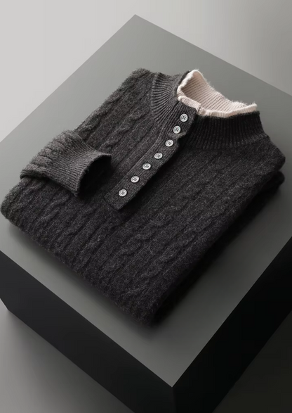 Pure Extra-Fine Merino Wool Cable Knit Henley Sweater | Vallentty