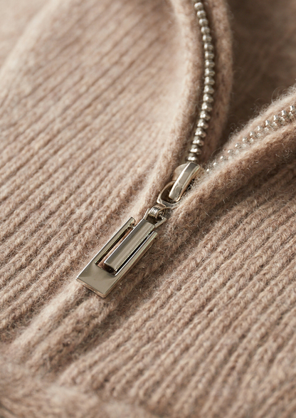Pure Cashmere Beige Cable Half Zip Sweater | Vallentty