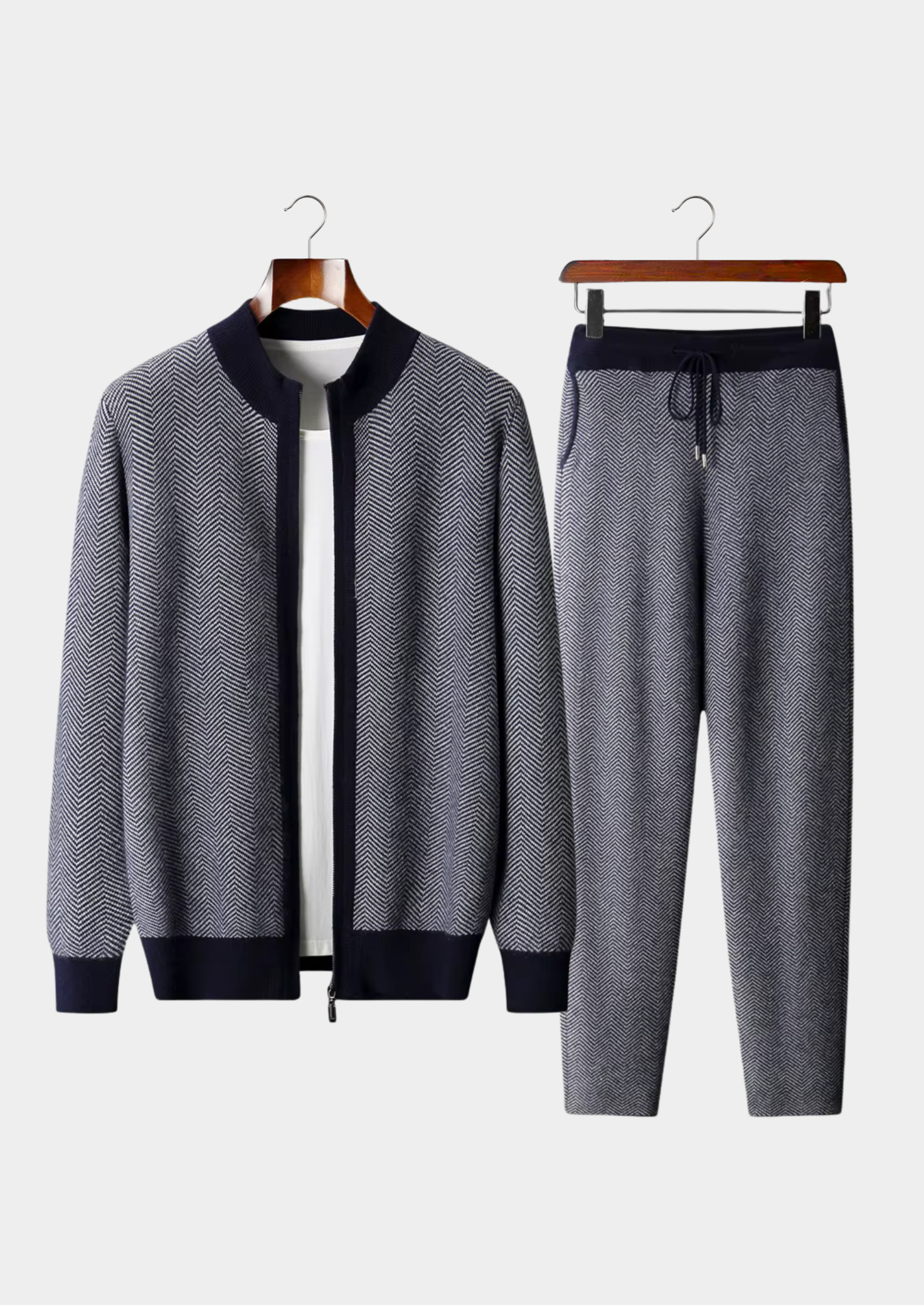 Pure Extra-Fine Merino Wool Navy Blue Herringbone Set | Vallentty