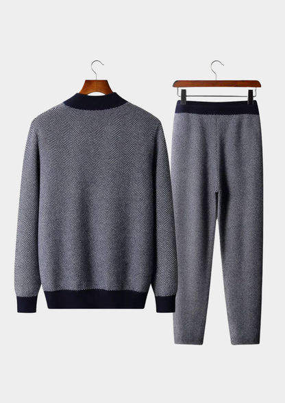 Pure Extra-Fine Merino Wool Navy Blue Herringbone Set | Vallentty
