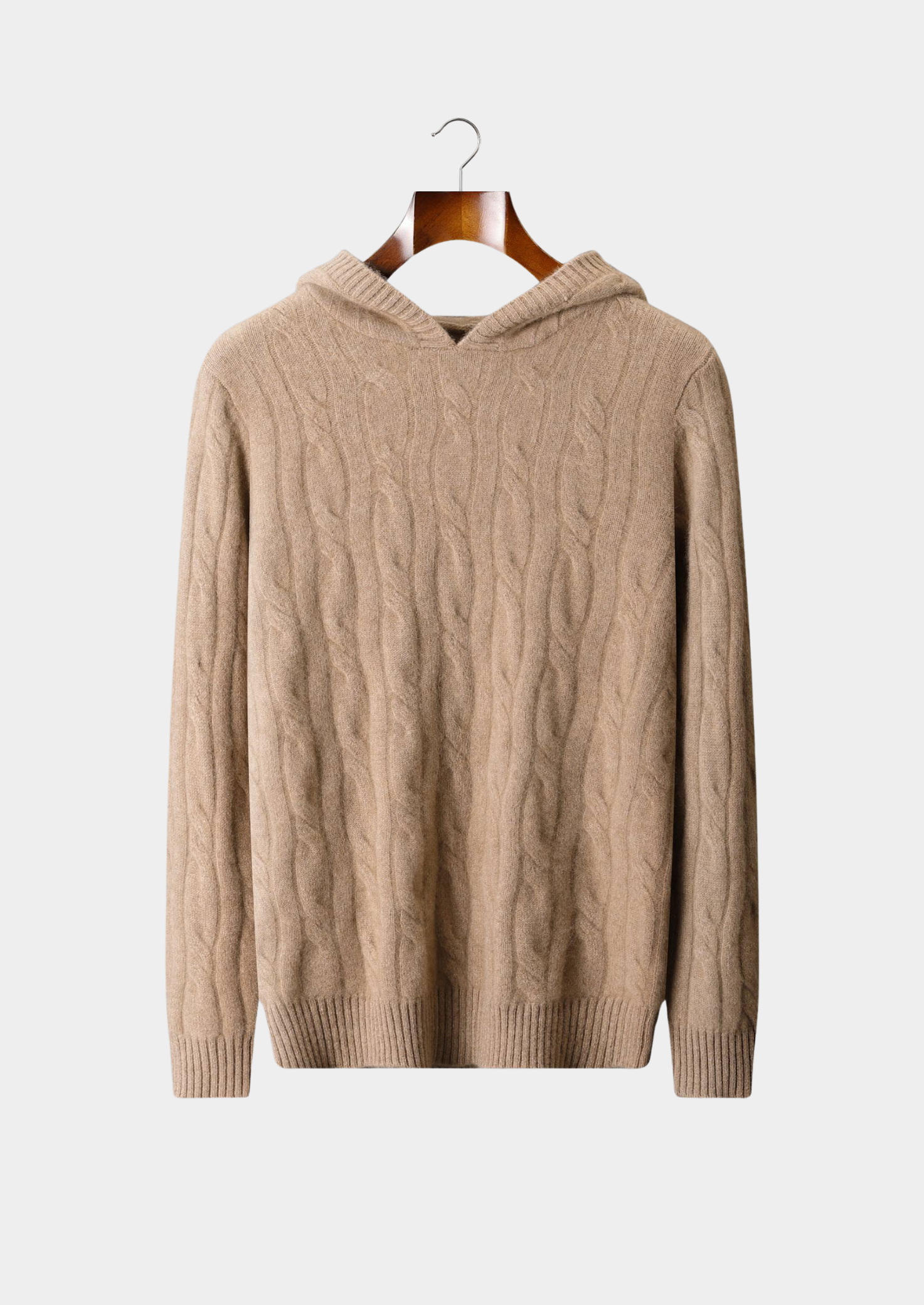 Pure Cashmere Sand Cable Knit Hoodie | Vallentty