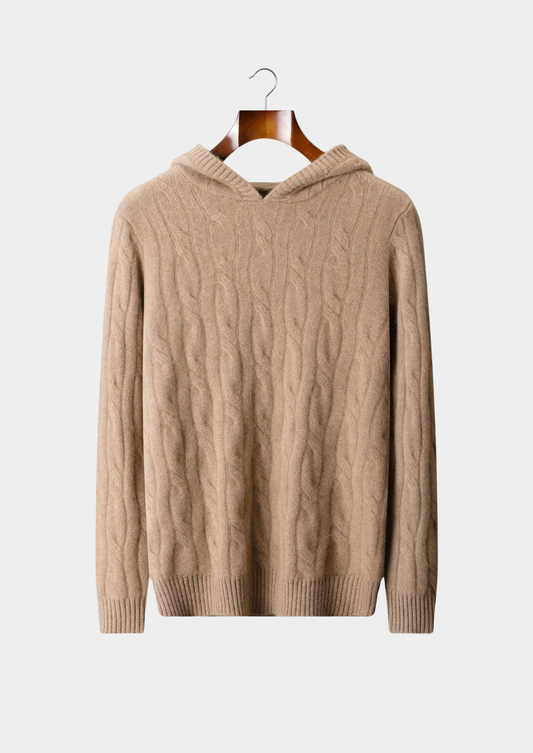 Pure Cashmere Sand Cable Knit Hoodie | Vallentty