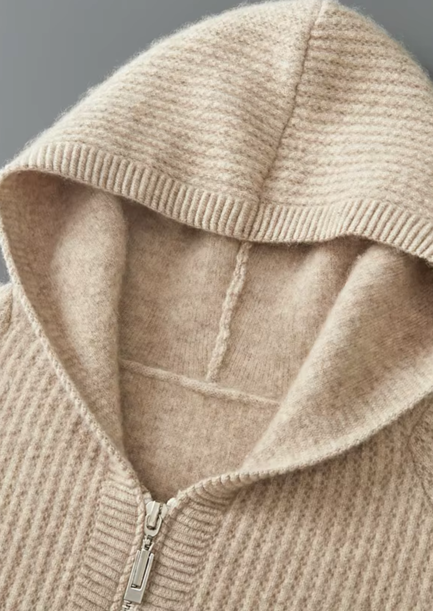 Pure Extra-Fine Merino Wool Ribbed Zipper Hoodie | Vallentty