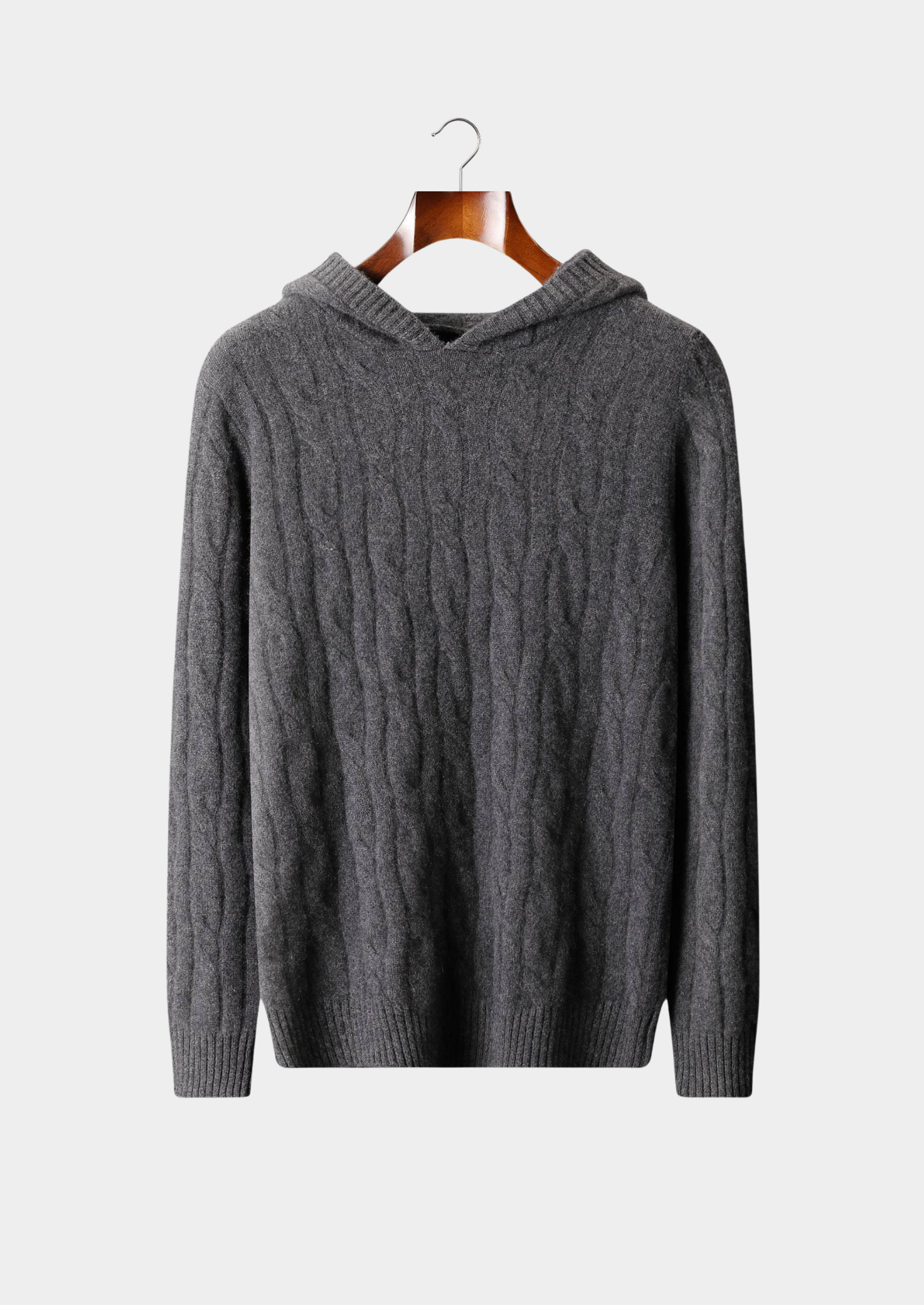 Pure Cashmere Dark Gray Cable Knit Hoodie | Vallentty