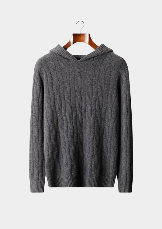 Pure Cashmere Dark Gray Cable Knit Hoodie | Vallentty