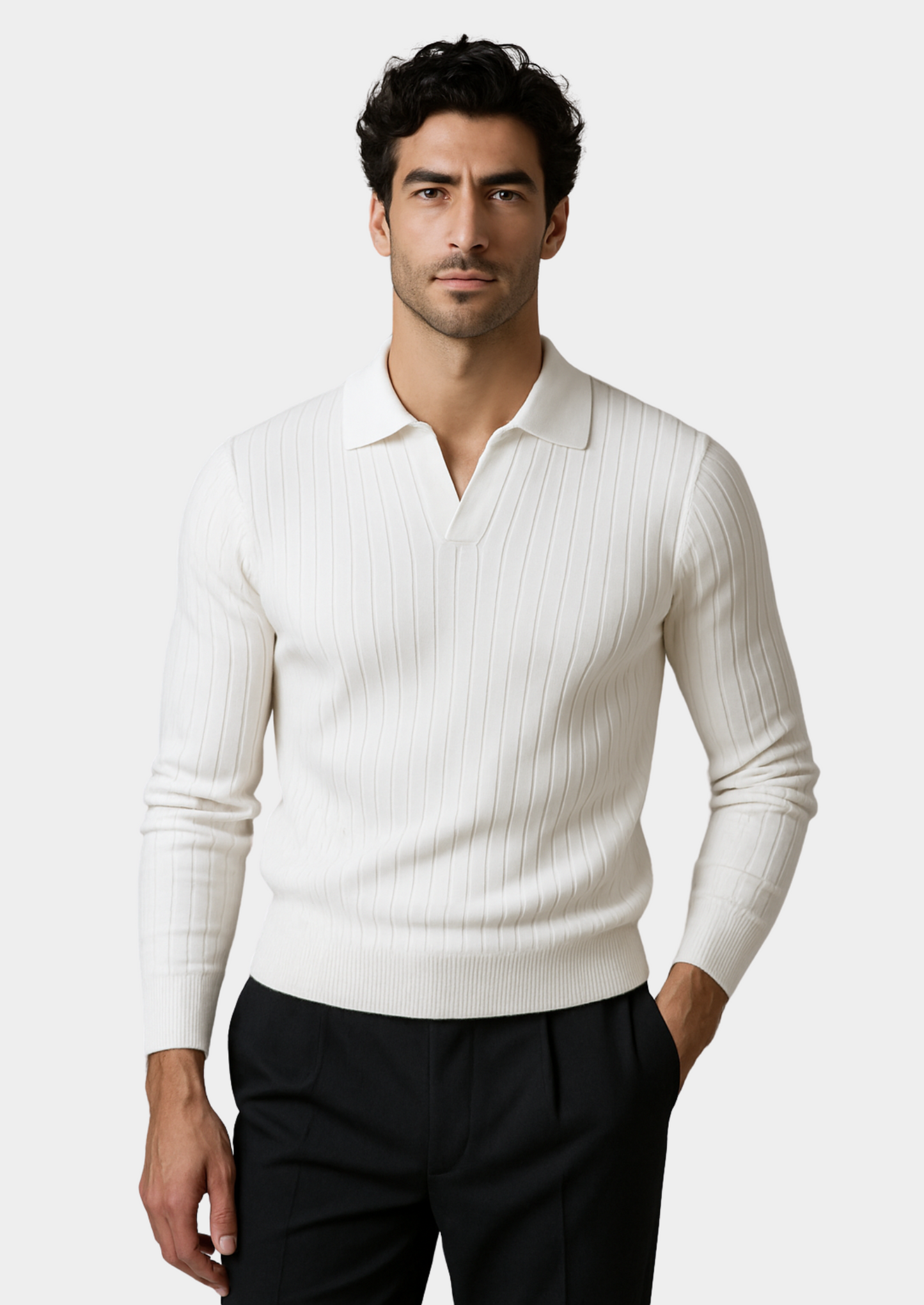 White Buttonless Ribbed Polo | Vallentty