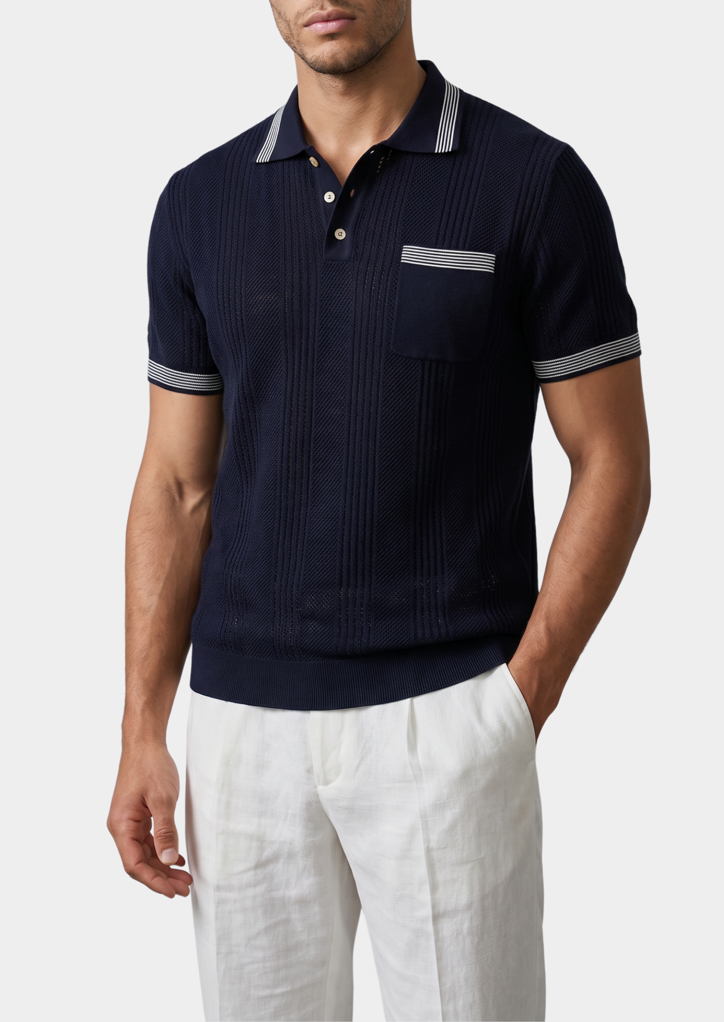 Leon Navy Blue Open Knit Lightweight Polo | Vallentty
