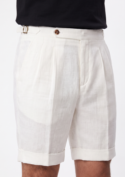 White Pleated Linen Seaside Shorts | Vallentty