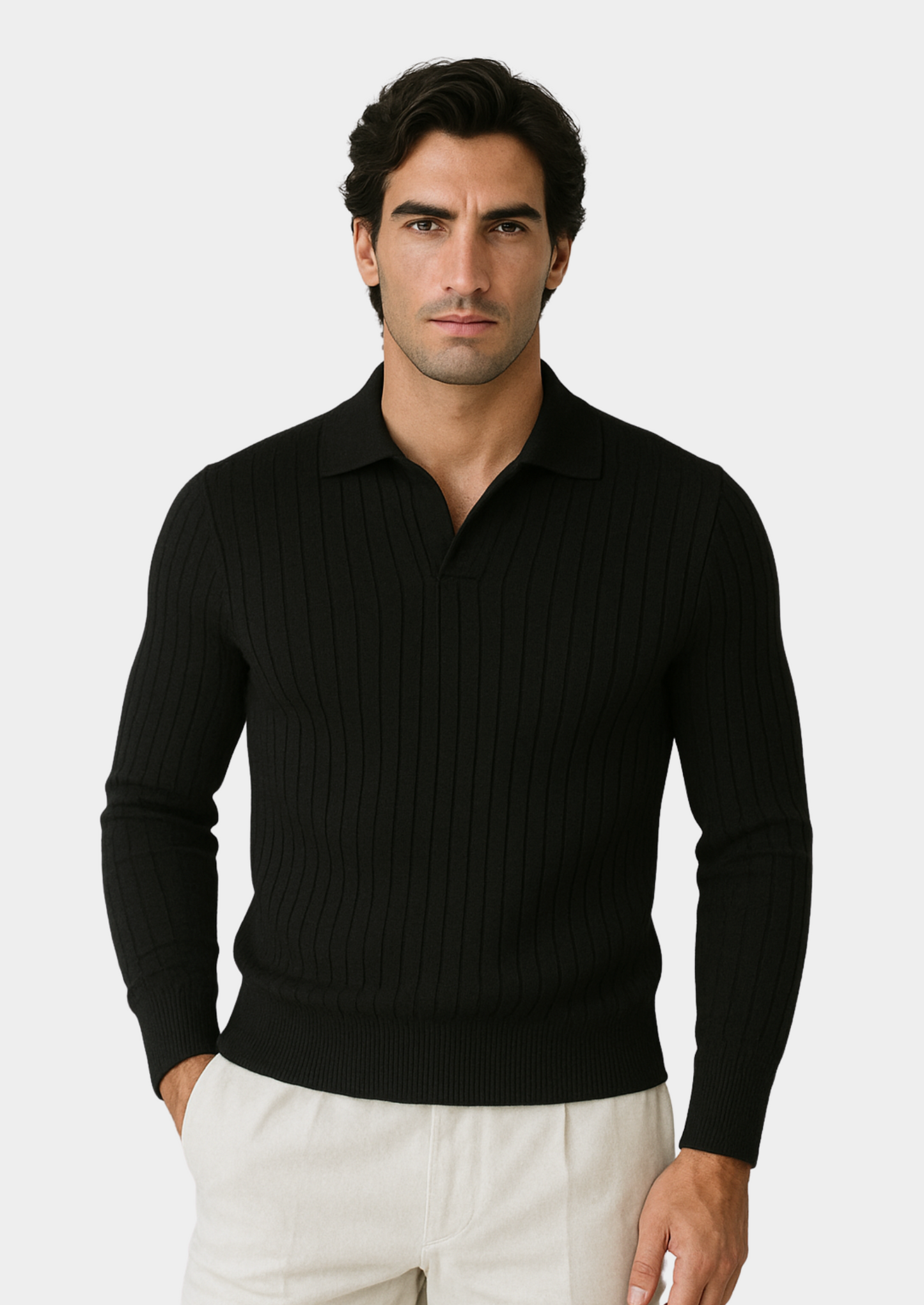 Black Buttonless Ribbed Polo | Vallentty