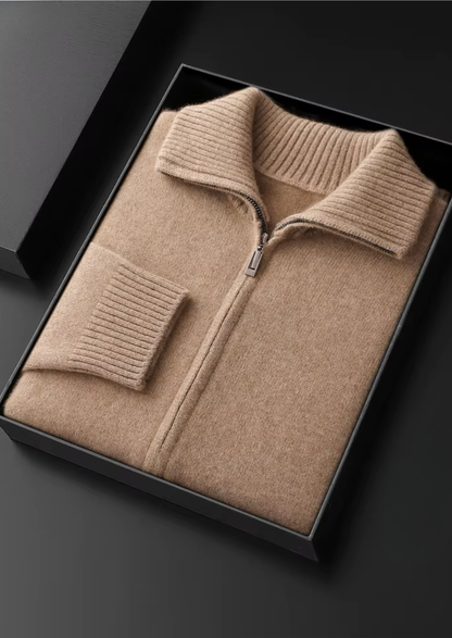 Pure Cashmere Beige Funnel Neck Cardigan | Vallentty