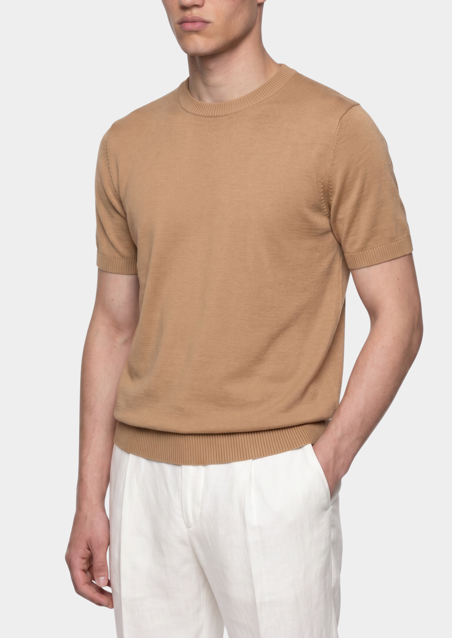 Essential Beige Knitted Crewneck T-Shirt | Vallentty