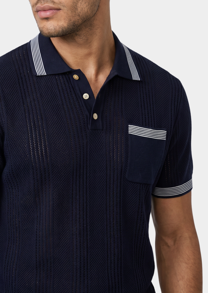 Leon Navy Blue Open Knit Lightweight Polo | Vallentty