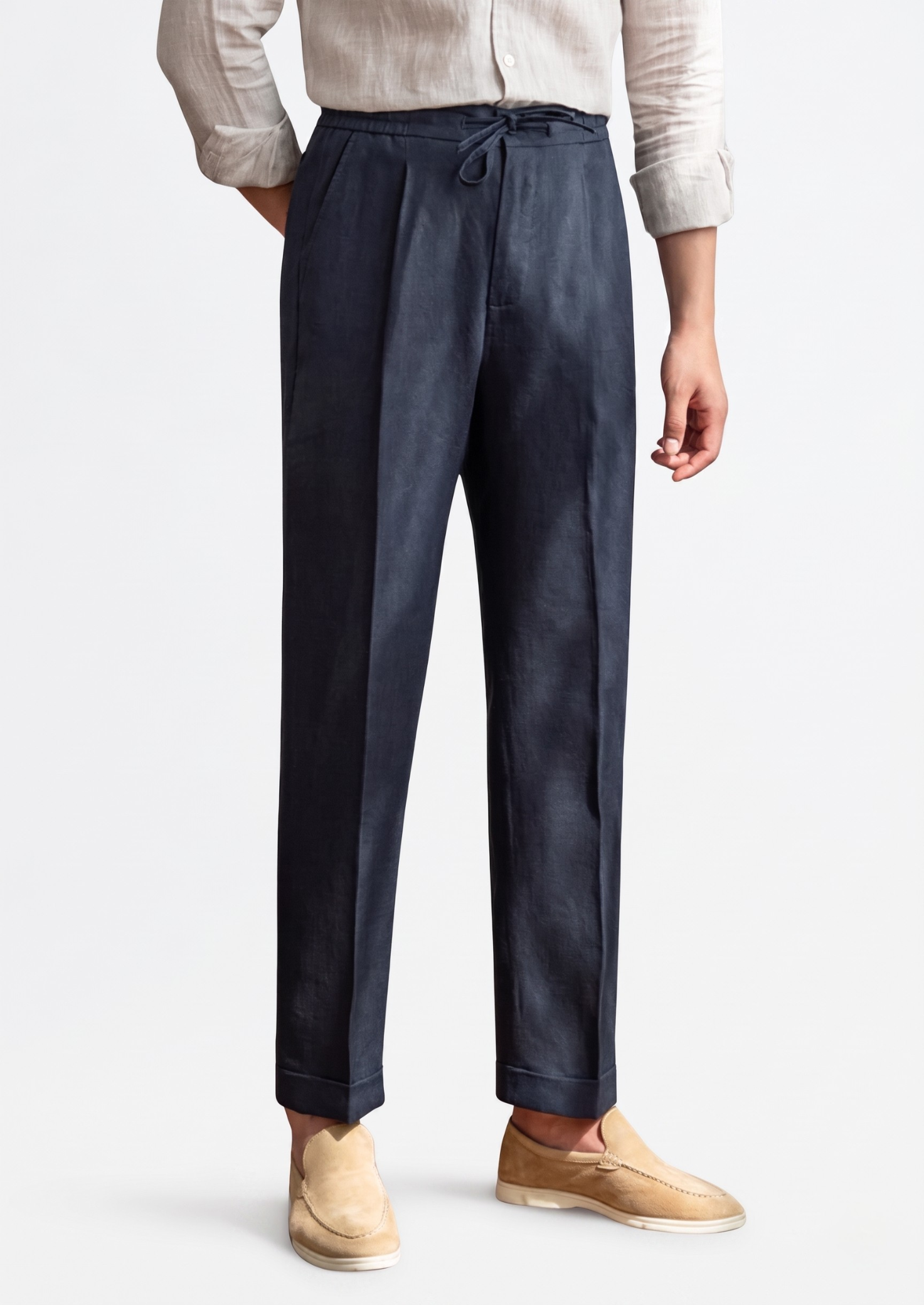 Drawstring Coastal Trousers - Navy Blue | Vallentty