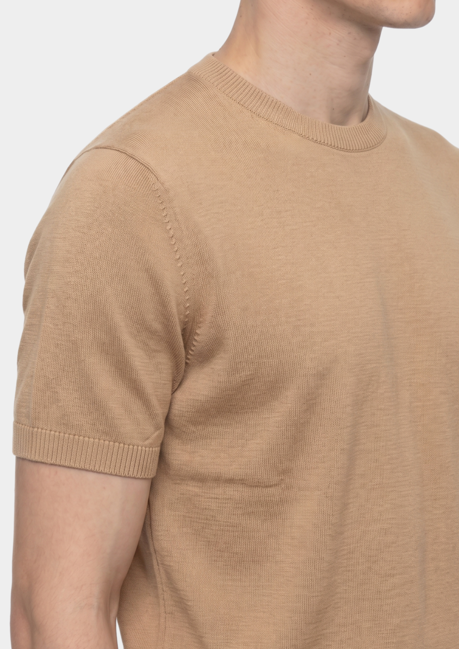 Essential Beige Knitted Crewneck T-Shirt | Vallentty