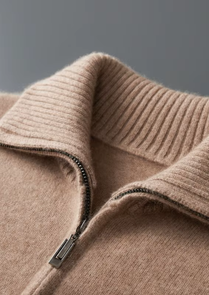Pure Cashmere Beige Funnel Neck Cardigan | Vallentty