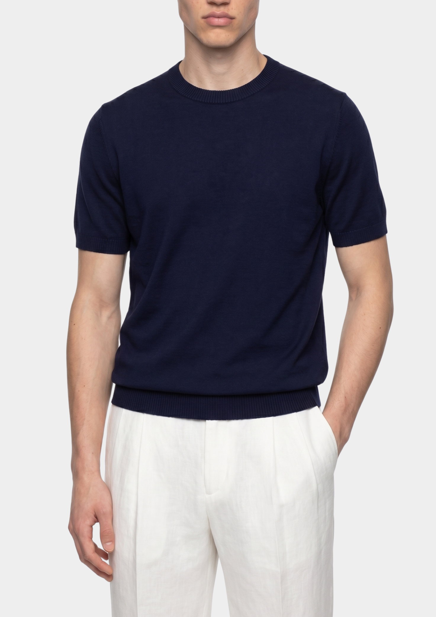 Essential Navy Blue Knitted Crewneck T-Shirt | Vallentty
