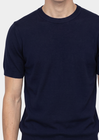 Essential Navy Blue Knitted Crewneck T-Shirt | Vallentty