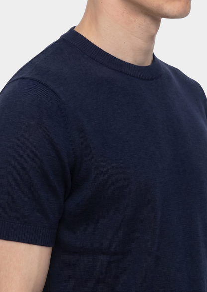 Essential Navy Blue Knitted Crewneck T-Shirt | Vallentty