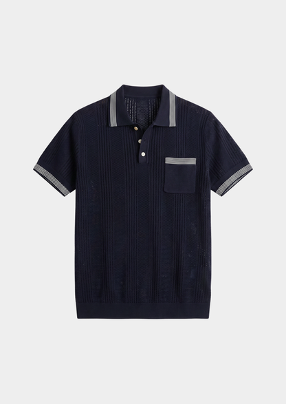 Leon Navy Blue Open Knit Lightweight Polo | Vallentty