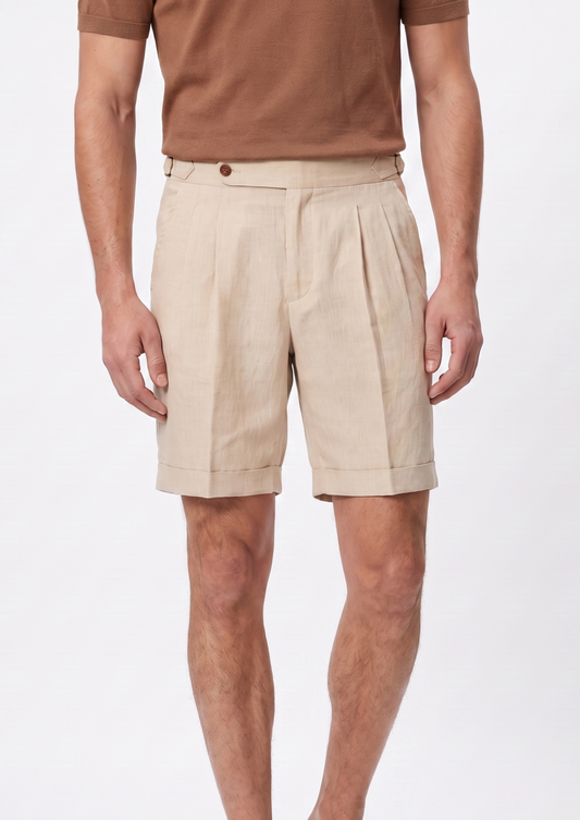 Sand Pleated Linen Seaside Shorts | Vallentty