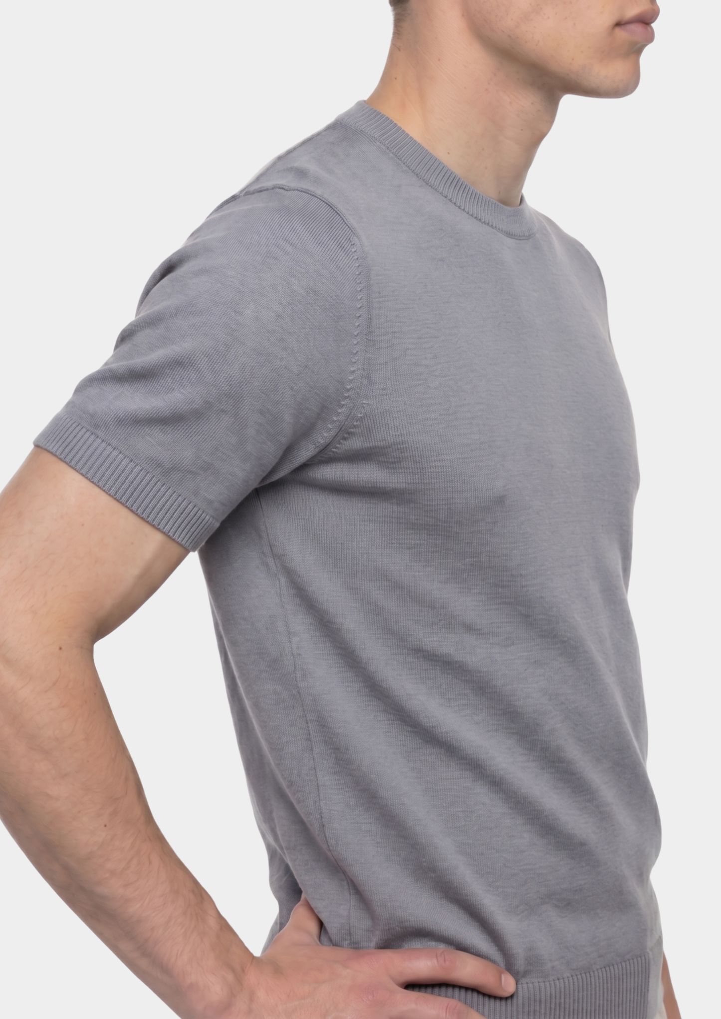 Essential Fog Gray Knitted Crewneck T-Shirt | Vallentty