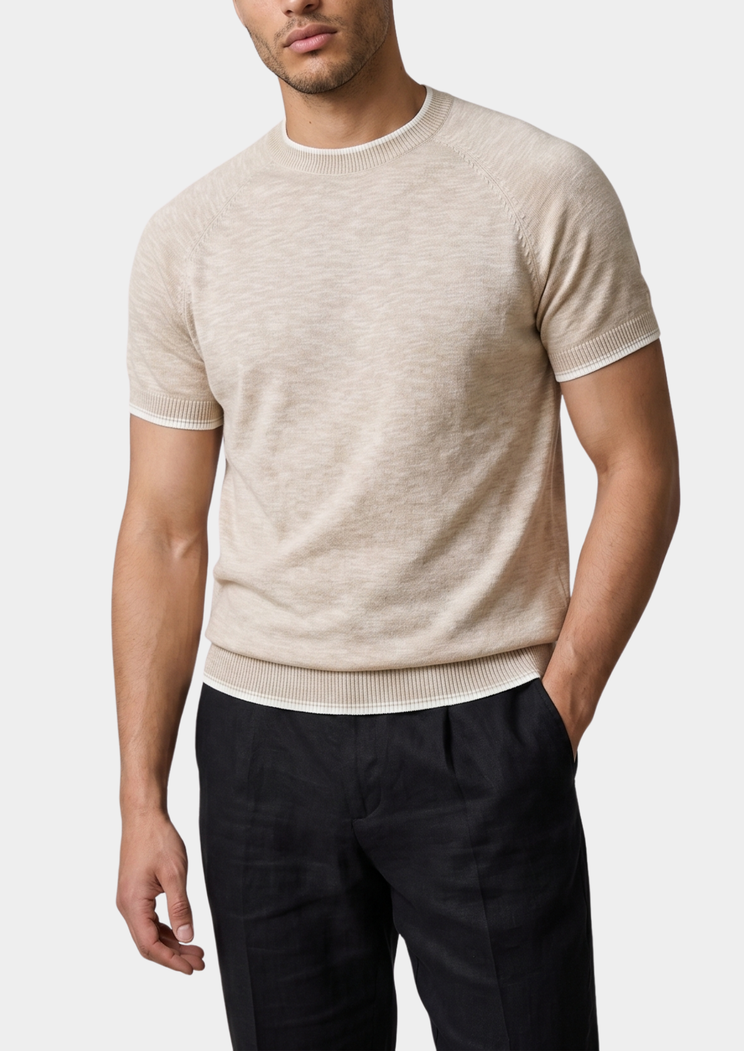 Capri Beige Linen Contrast T-Shirt | Vallentty