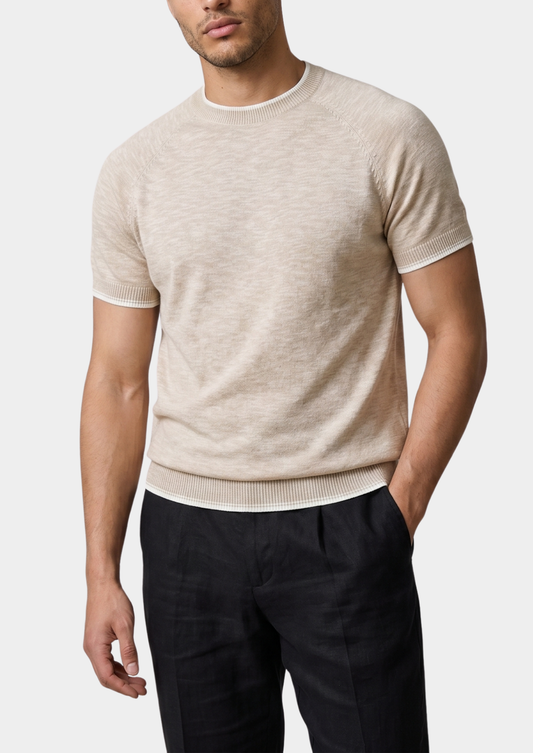 Capri Beige Linen Contrast T-Shirt | Vallentty