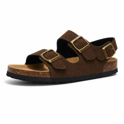 Amalfi Three-Strap Cork Sandals - Dark Brown | Vallentty